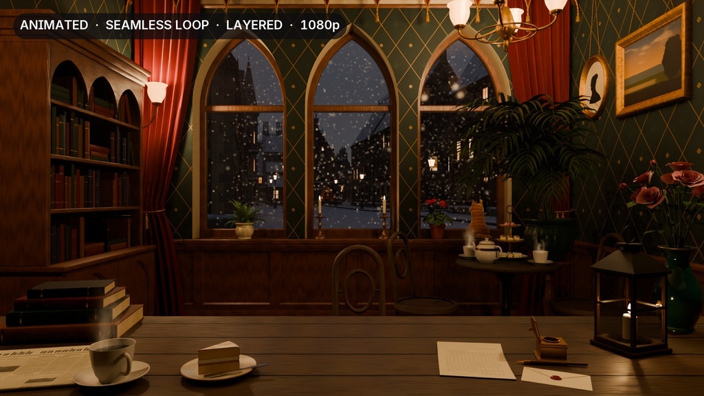 【動く配信背景】雪のゴシックな喫茶室 Snowy Gothic Tea Room|VTuber向け・レイヤー分け・ループ素材