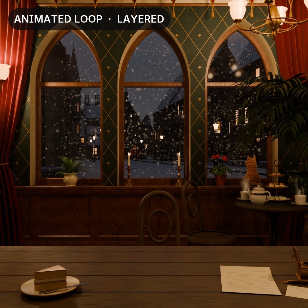 【動く配信背景】雪のゴシックな喫茶室 Snowy Gothic Tea Room｜VTuber向け・レイヤー分け・ループ素材