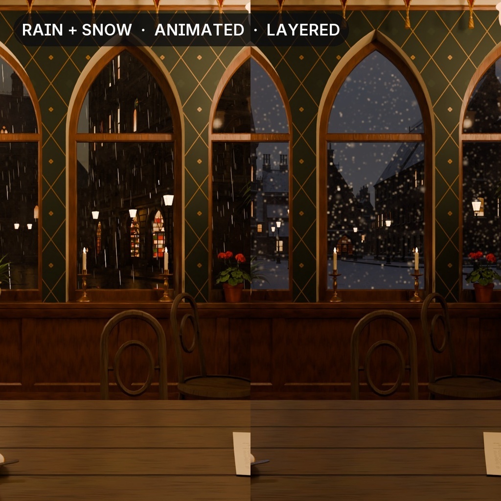 【動く配信背景セット】雨と雪のゴシックな喫茶室 Gothic Tea Room Bundle|VTuber向け・レイヤー分け・ループ素材