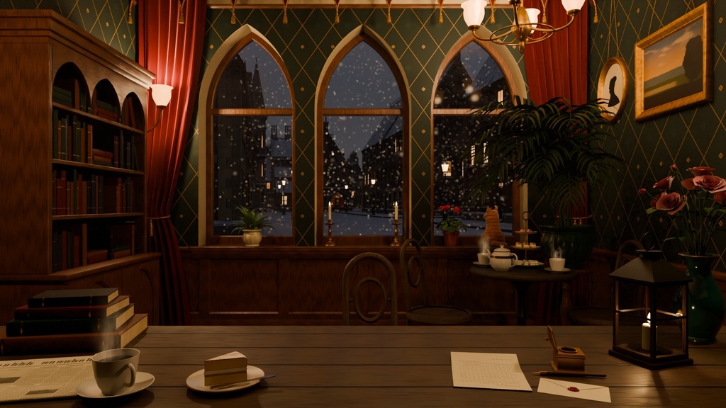 【動く配信背景セット】雨と雪のゴシックな喫茶室 Gothic Tea Room Bundle|VTuber向け・レイヤー分け・ループ素材