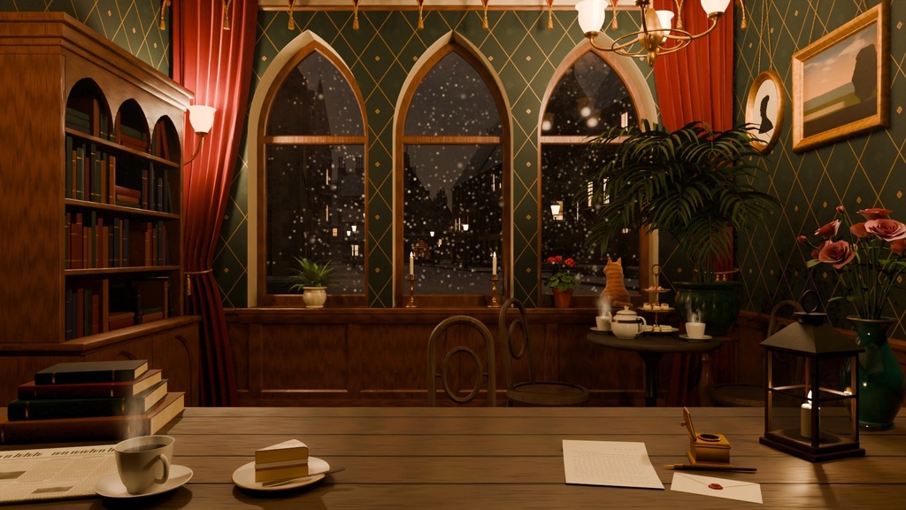 【動く配信背景セット】雨と雪のゴシックな喫茶室 Gothic Tea Room Bundle|VTuber向け・レイヤー分け・ループ素材
