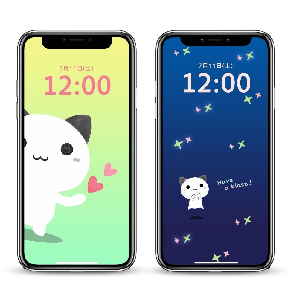 【無料】キラキラ星空とひょっこりネコのスマホ待ち受け2枚セット(LINEスタンプお揃いデザイン)