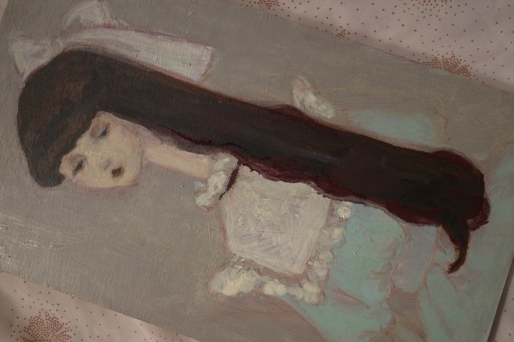 Pisces, white ribbon, oil on wooden panel, original artwork