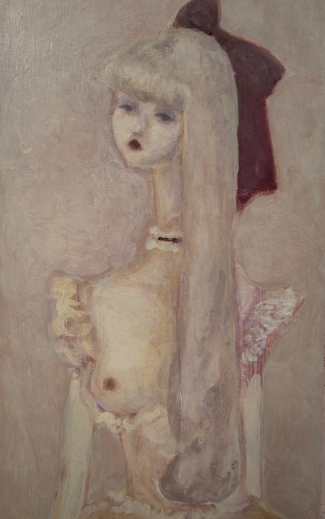 Pisces, red ribbon, oil on wooden panel, original artwork