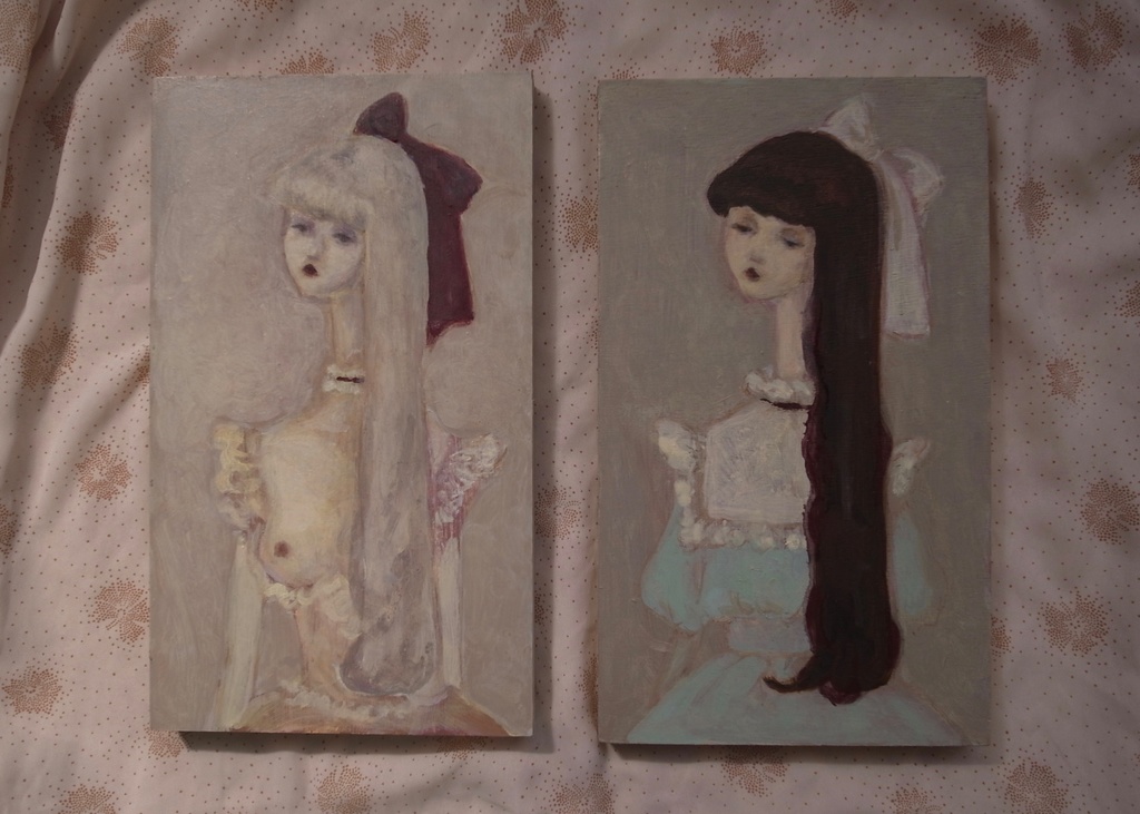 Pisces, red ribbon, oil on wooden panel, original artwork