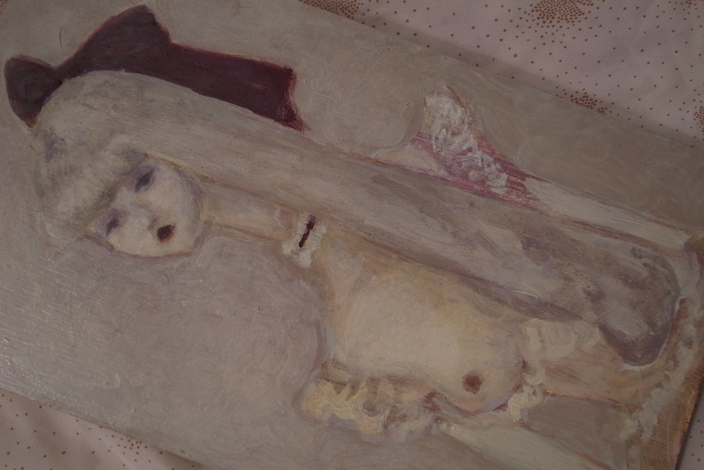 Pisces, red ribbon, oil on wooden panel, original artwork