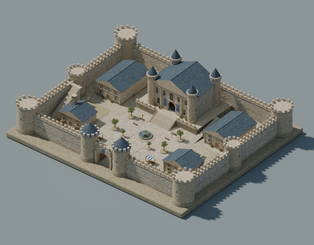 【Blender】中世の城塞・中庭背景セット|Citadel Courtyard|通常版+軽量版