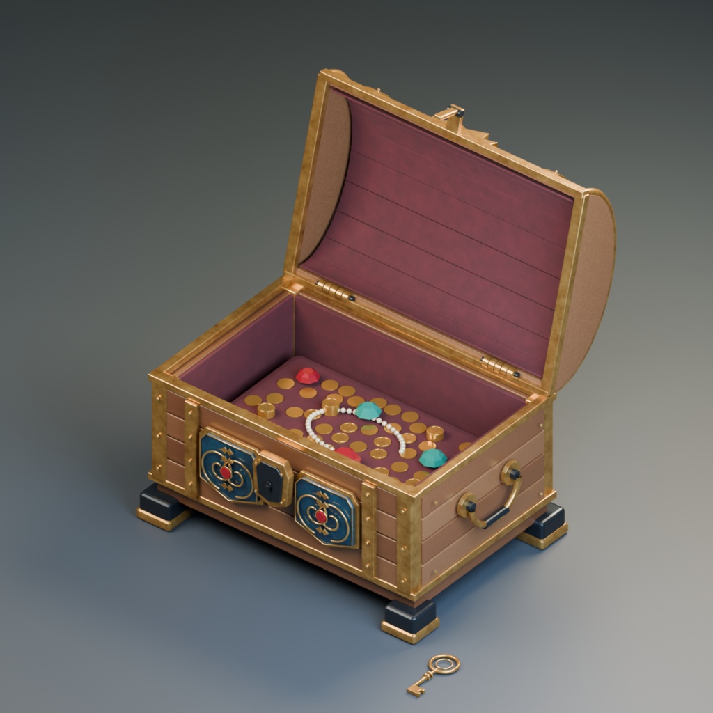 【3D小道具】装飾宝箱|Royal Treasury Chest|開閉・鍵・宝物付き【Blender / GLB】
