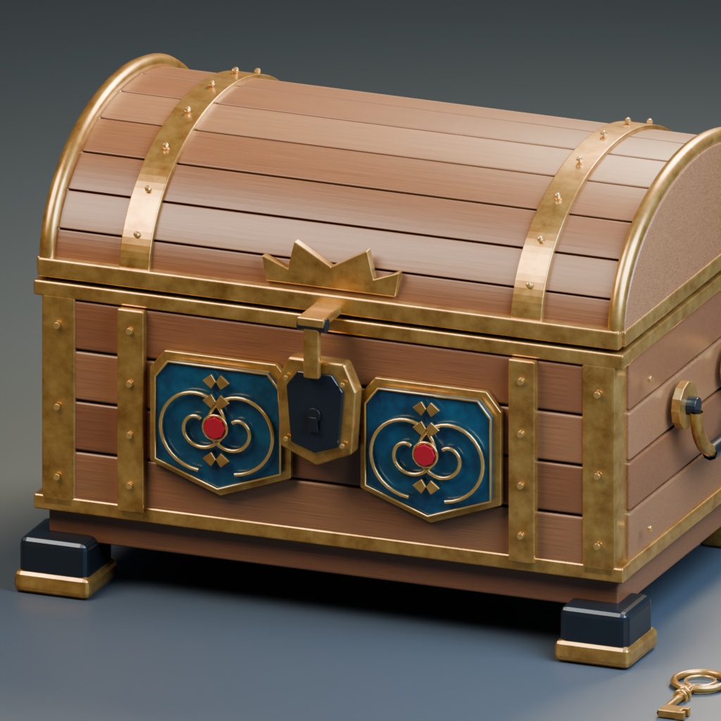 【3D小道具】装飾宝箱|Royal Treasury Chest|開閉・鍵・宝物付き【Blender / GLB】