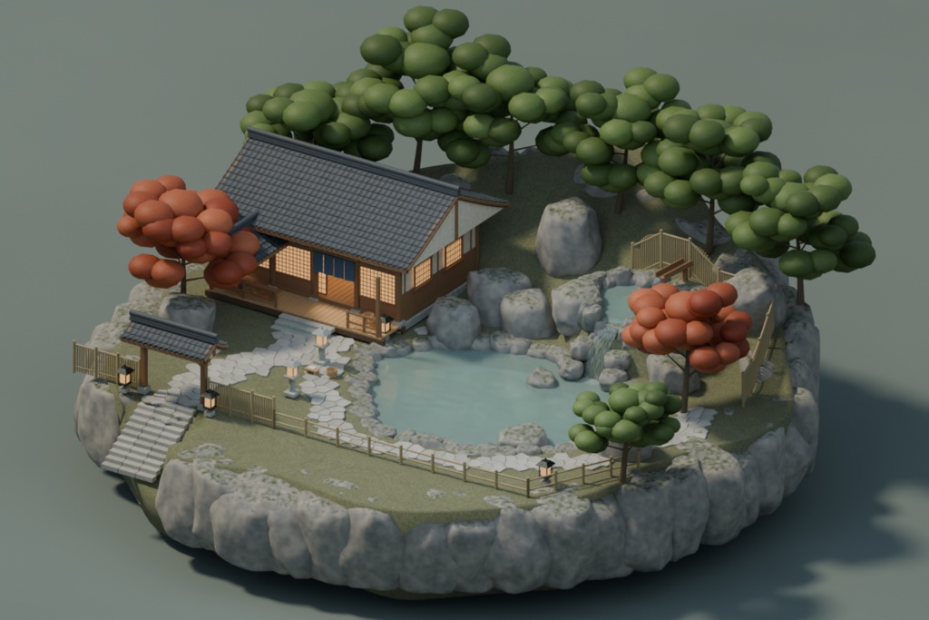 【Blender】山あいの温泉|湯屋・二段露天風呂・庭園セット