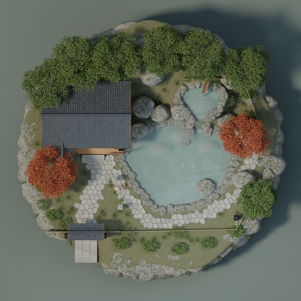 【Blender】山あいの温泉|湯屋・二段露天風呂・庭園セット