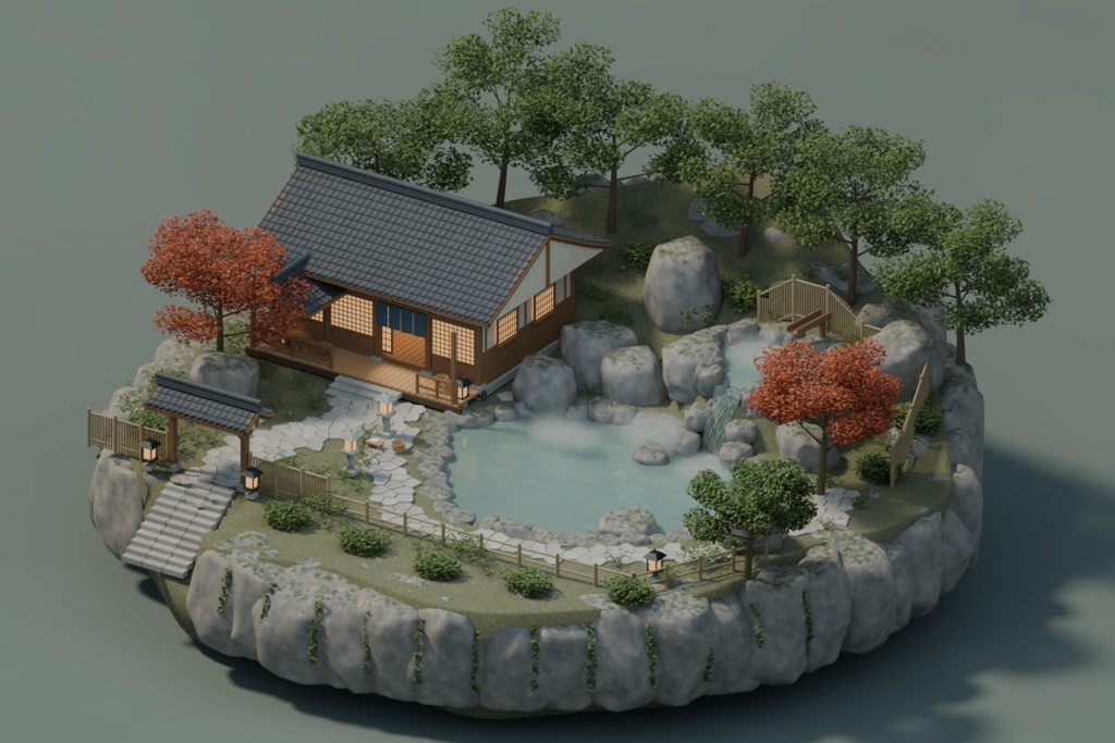 【Blender】山あいの温泉｜湯屋・二段露天風呂・庭園セット