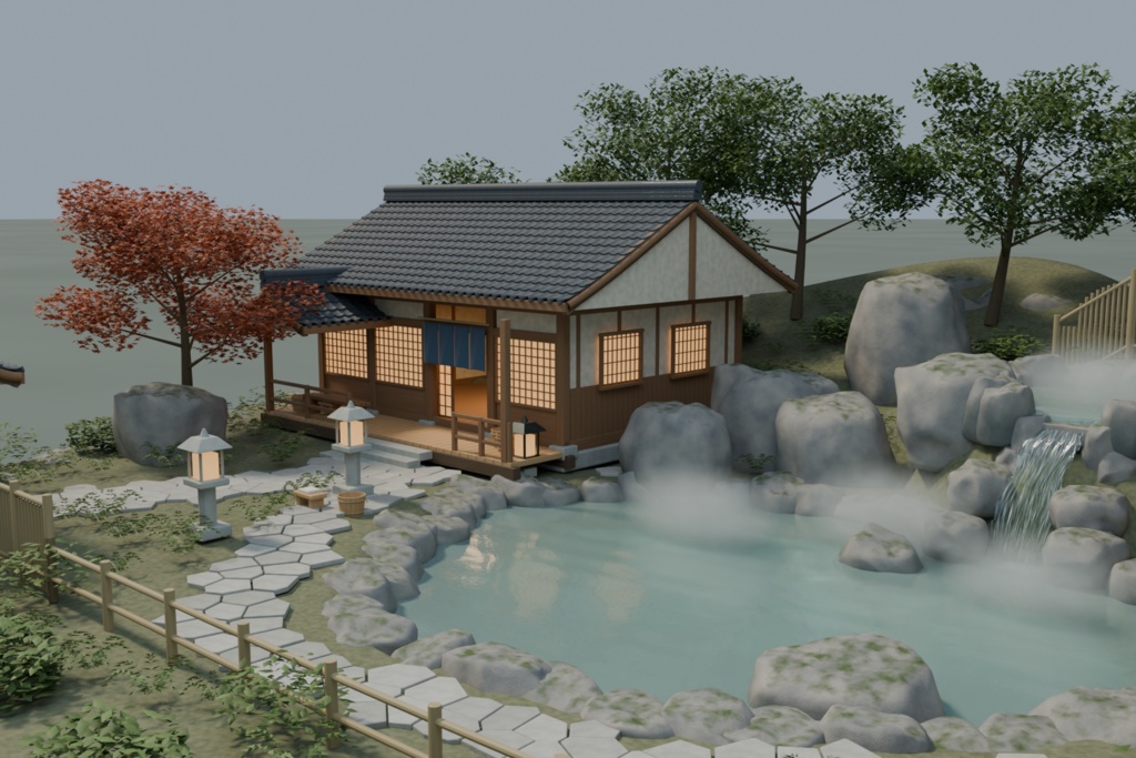 【Blender】山あいの温泉|湯屋・二段露天風呂・庭園セット