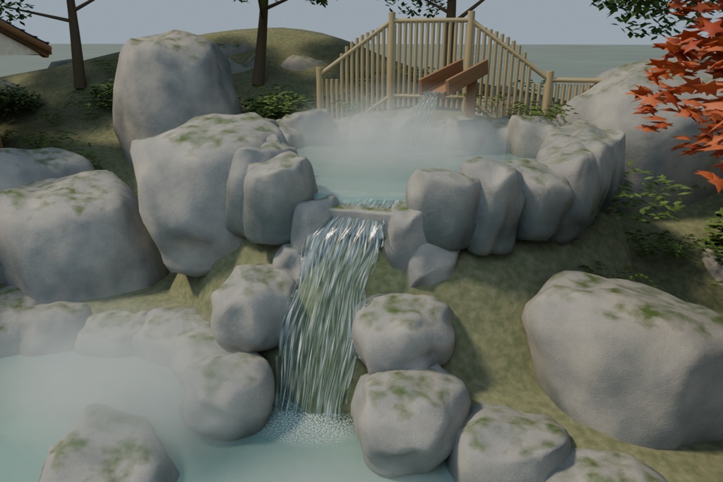 【Blender】山あいの温泉|湯屋・二段露天風呂・庭園セット