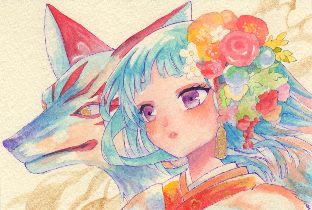 ドローイング原画【白狐と少女】