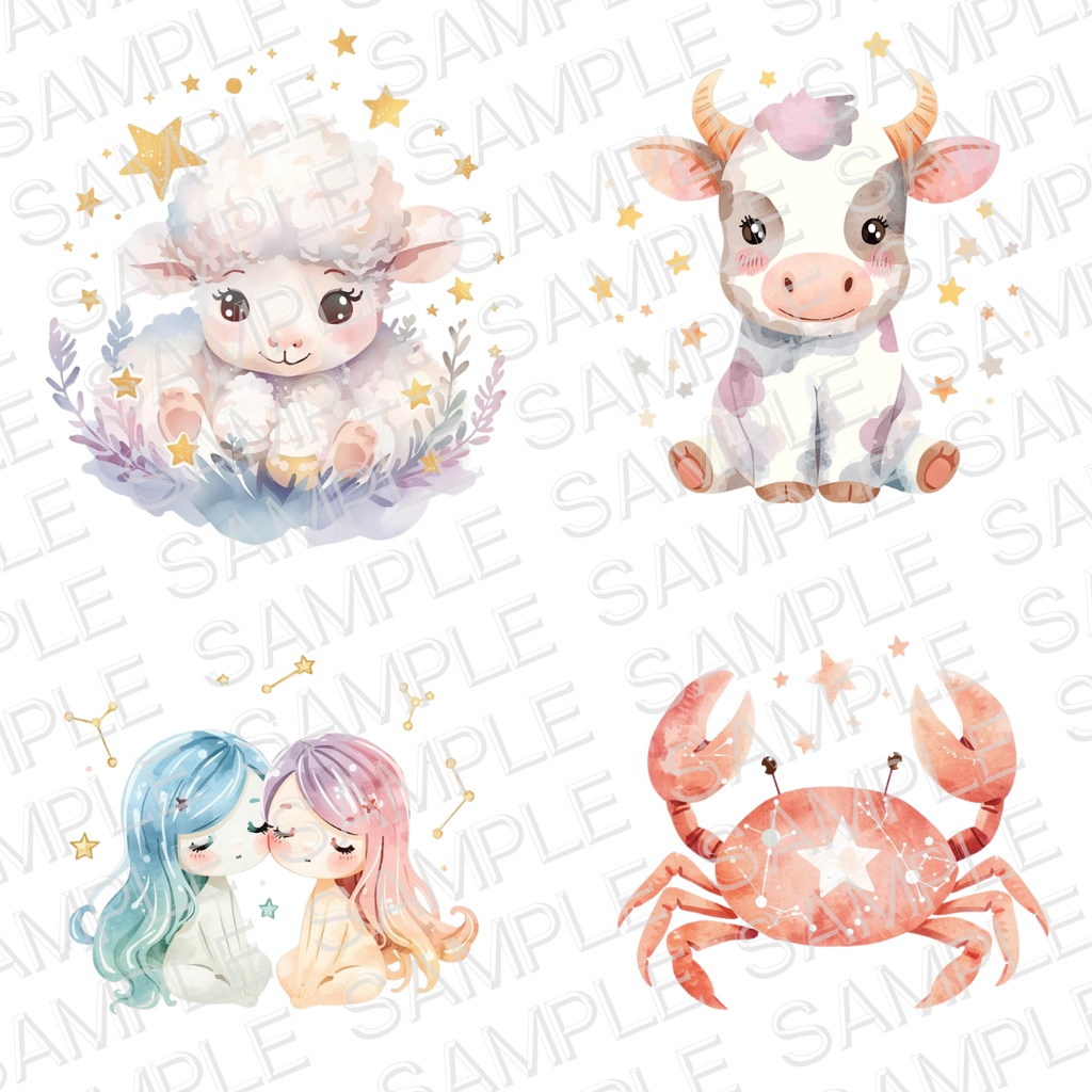 水彩パステルの星座クリップアートセット(PNG・全12種)