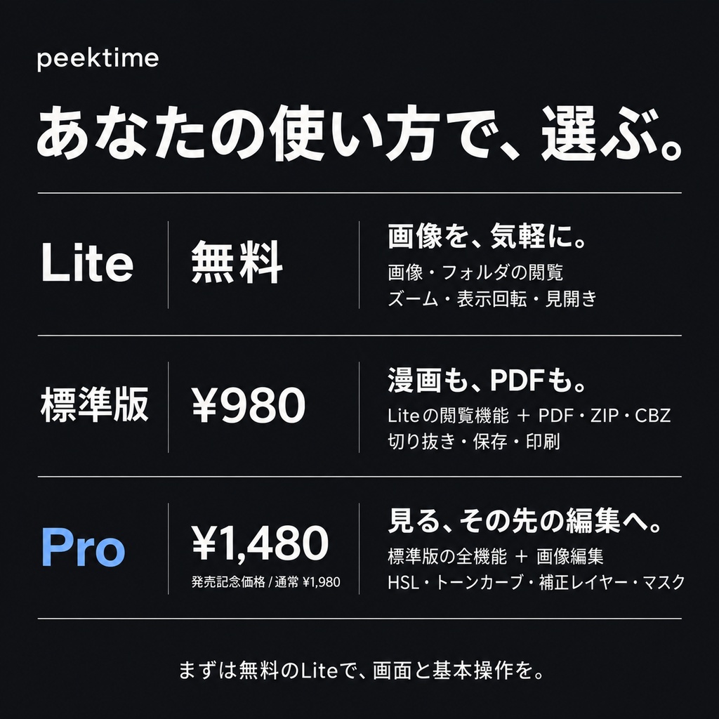 peektime|シンプル操作かつ洗練されたデザインの画像・漫画ビューア/Proは画像編集にも対応【Windows・無料Liteあり】