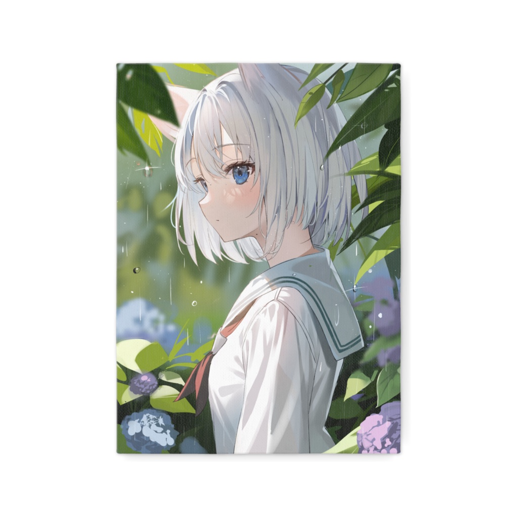 公開中 あろあ先生描き下ろし ミルクちゃんキャンパスアート 雨とあじさい