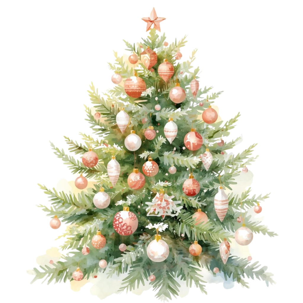 ピンク×アンティークの水彩画風クリスマスクリップアートセット(10点/PNG)