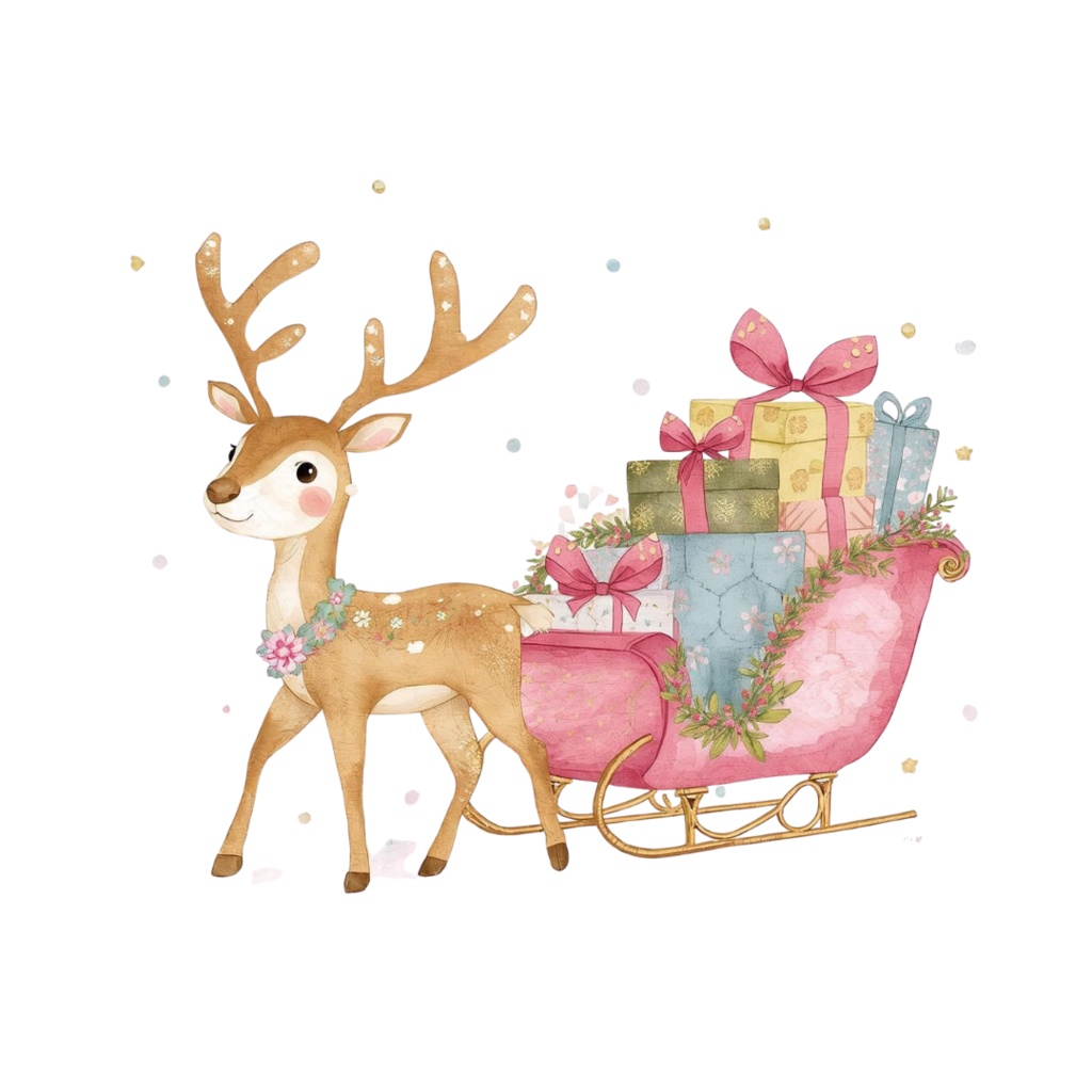 ピンク×アンティークの水彩画風クリスマスクリップアートセット(10点/PNG)