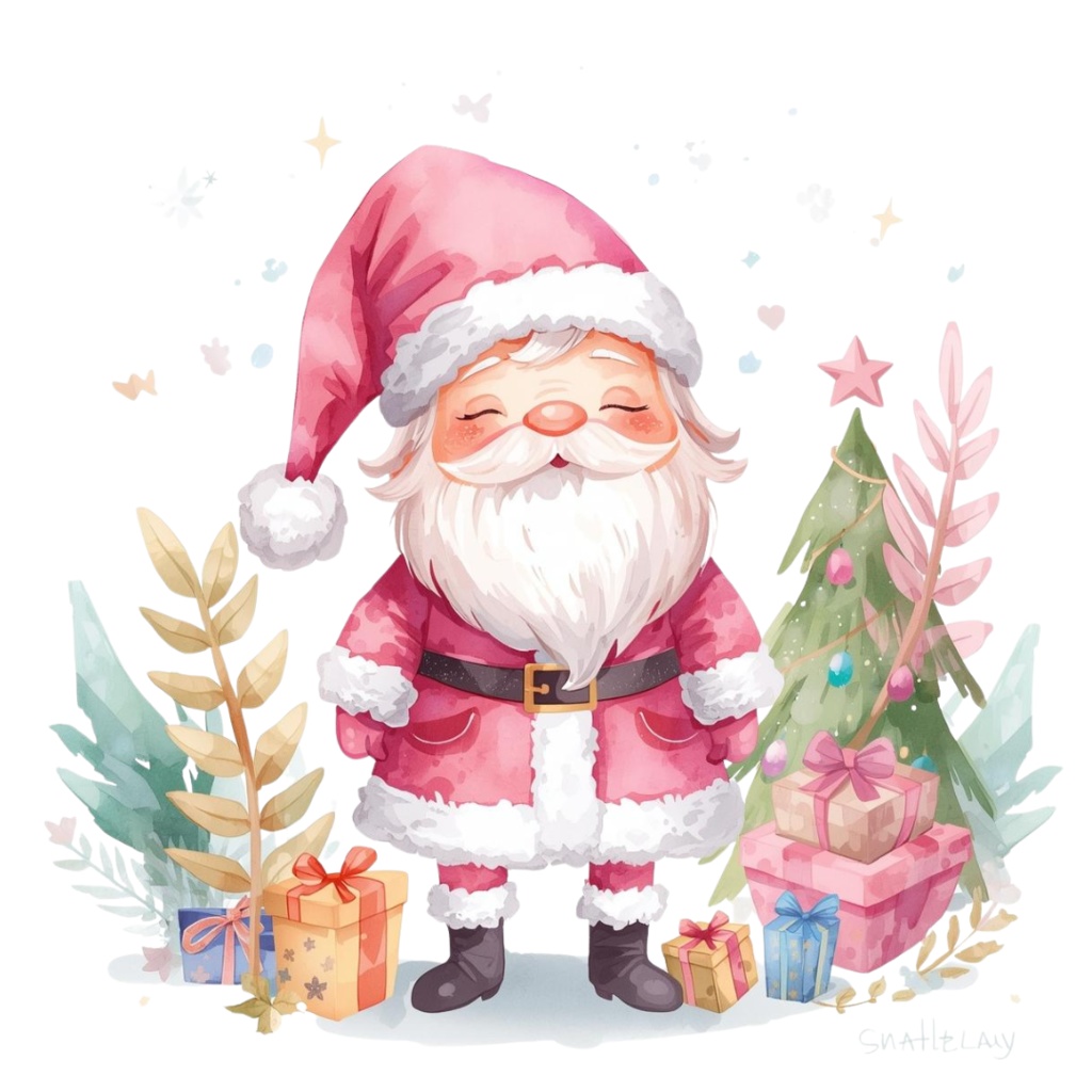 ピンク×アンティークの水彩画風クリスマスクリップアートセット(10点/PNG)