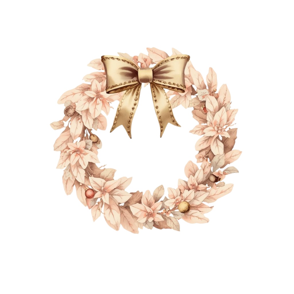 ピンク×アンティークの水彩画風クリスマスクリップアートセット(10点/PNG)