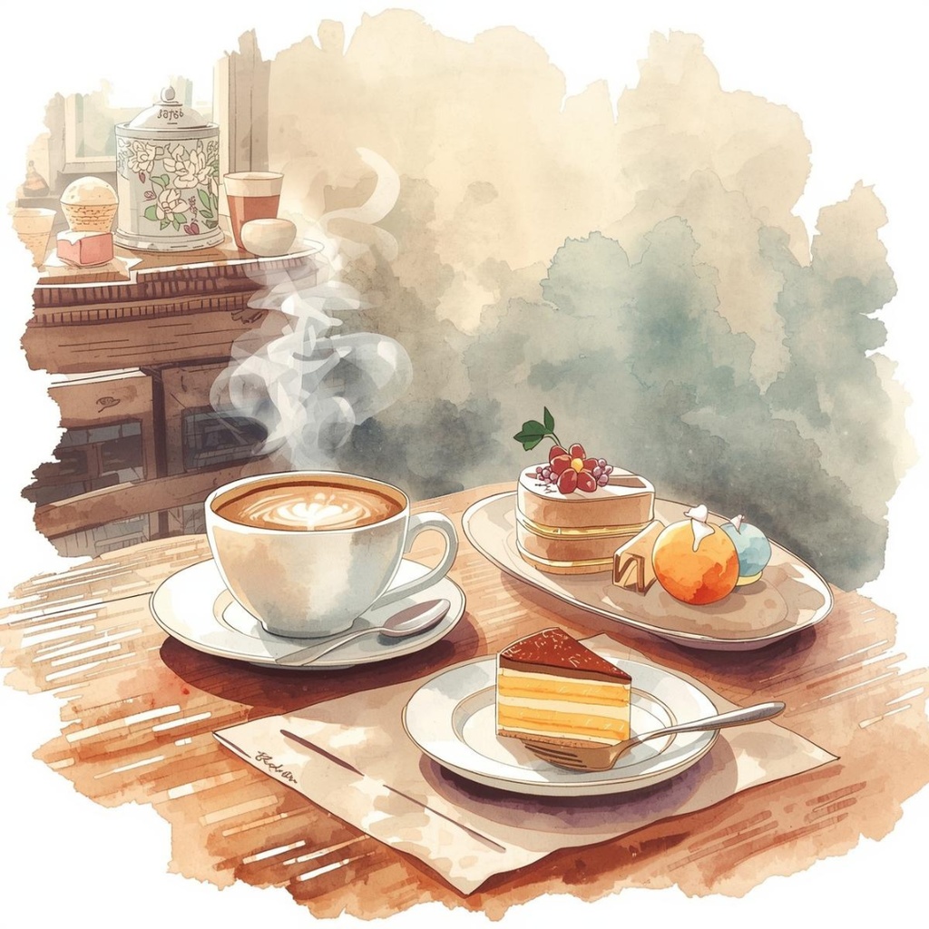 水彩画風 カフェモチーフ クリップアートセット 4セット