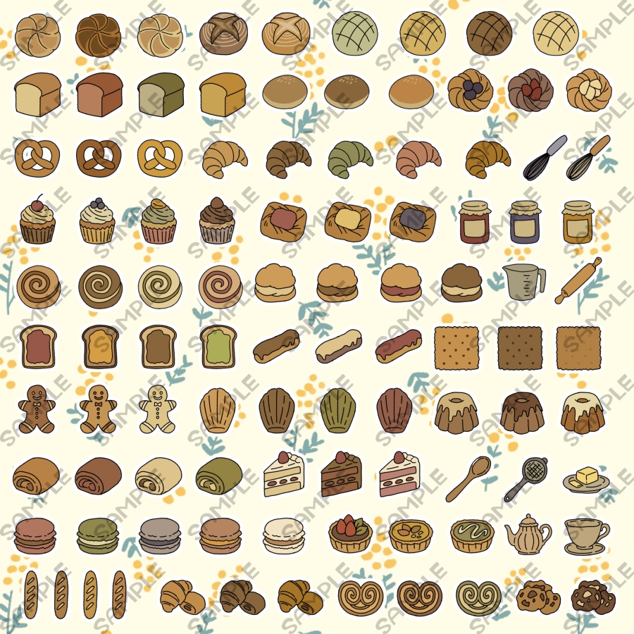 【101点入り】イラストパーツ素材セット　アンティークカラー　パンと焼菓子
