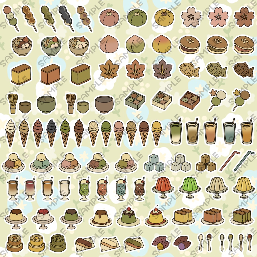 【95点入り】イラストパーツ素材セット　アンティークカラー　冷たいお菓子