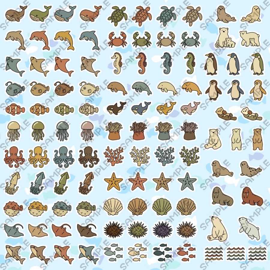 【112点入り】イラストパーツ素材セット　アンティークカラー　海の仲間たち