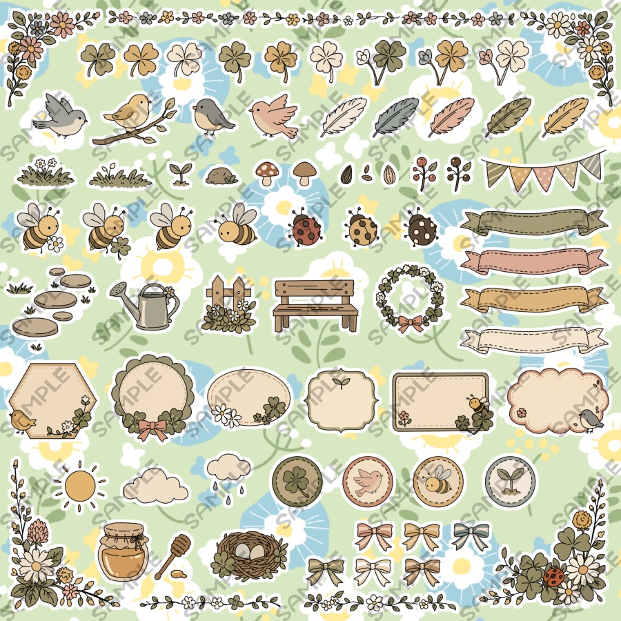 【75点入り】イラストパーツ素材セット　アンティークカラー　野原の小さなおともだち