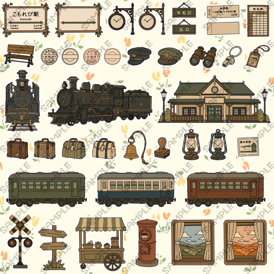 【40点入り】イラストパーツ素材セット　アンティークカラー　こもれび駅の待合室