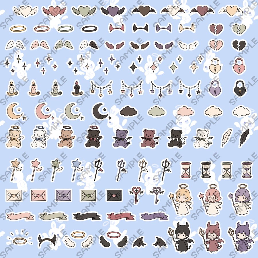 【102点入り】イラストパーツ素材セット　アンティークカラー　天使と悪魔の小さな魔法