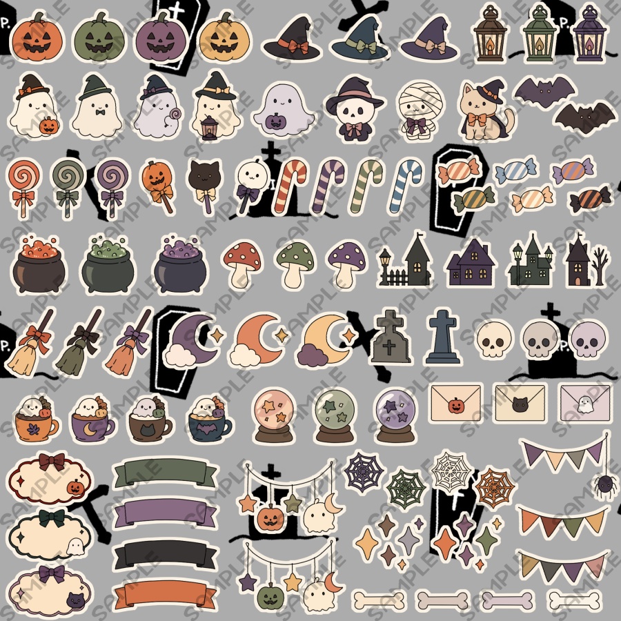 【89点入り】イラストパーツ素材セット　アンティークカラー　ちびかわハロウィン