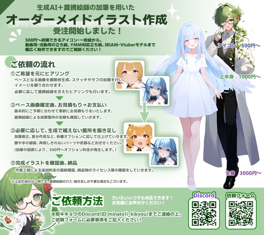 アイコン・立ち絵オーダーメイド依頼!【生成AI+担当絵師】
