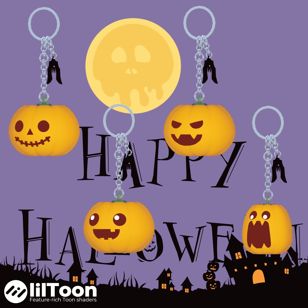 🎃【3Dモデル】キーホルダー かぼちゃ×4 & おばけ×1の5個セット【アバター装着用】