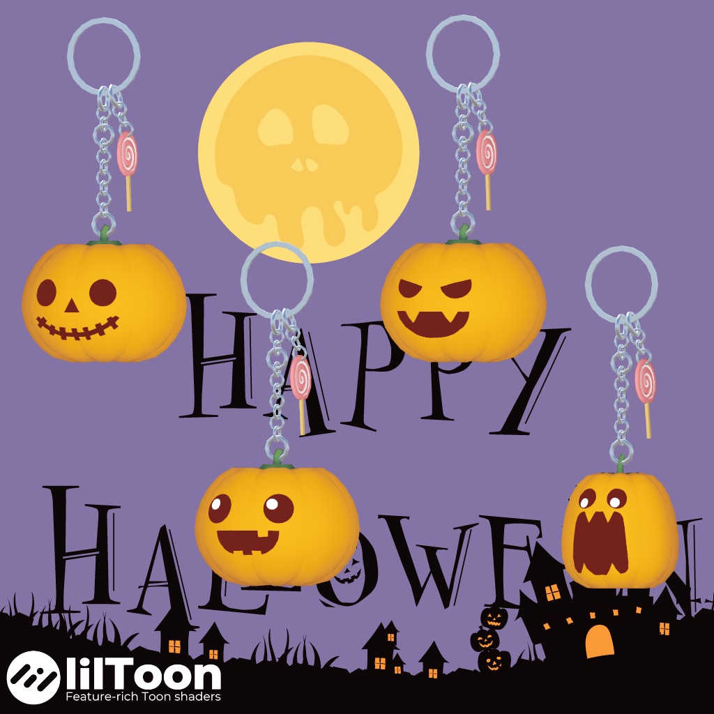 🎃【3Dモデル】キーホルダー かぼちゃ×4 & おばけ×1の5個セット【アバター装着用】