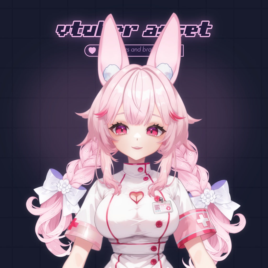 リアクティブ耳付きフラワーボウ三つ編みツインテール – Vtube Studio用Vtuberヘアアセット