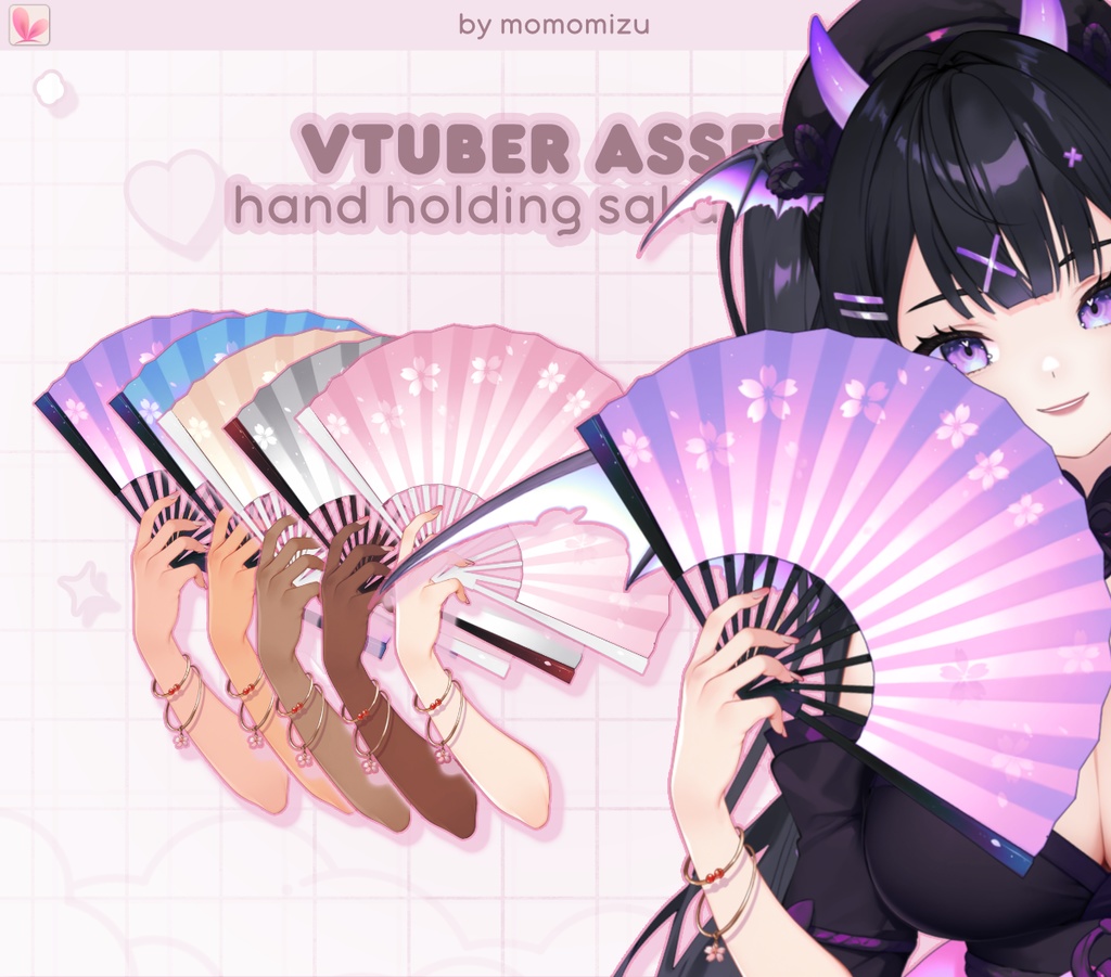 リギング済み・扇子を持つ手のVtuberアセット – 5つのスキントーン – Vtube Studio用カスタマイズ可能なアイテム