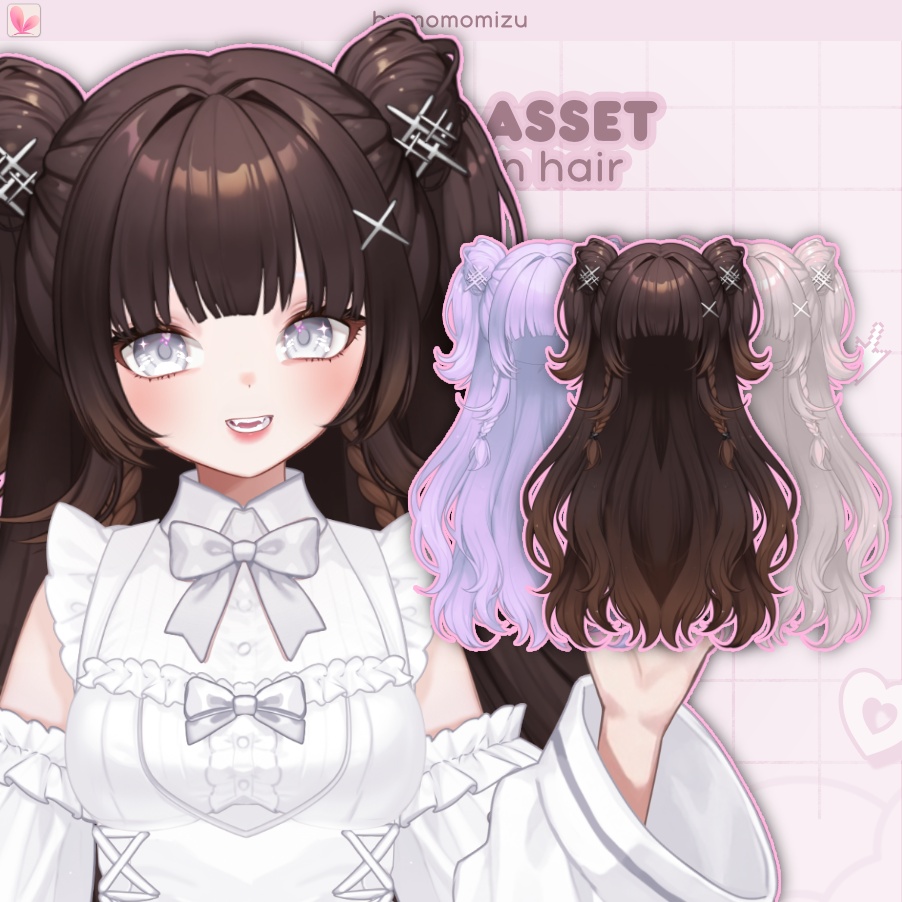 リグ済みダブルお団子ヘアアセット – VTube Studio対応、10色バリエーション、長さ調整可能