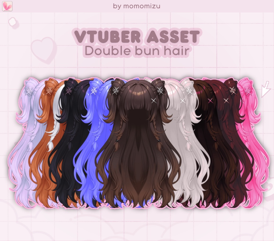 リグ済みダブルお団子ヘアアセット – VTube Studio対応、10色バリエーション、長さ調整可能
