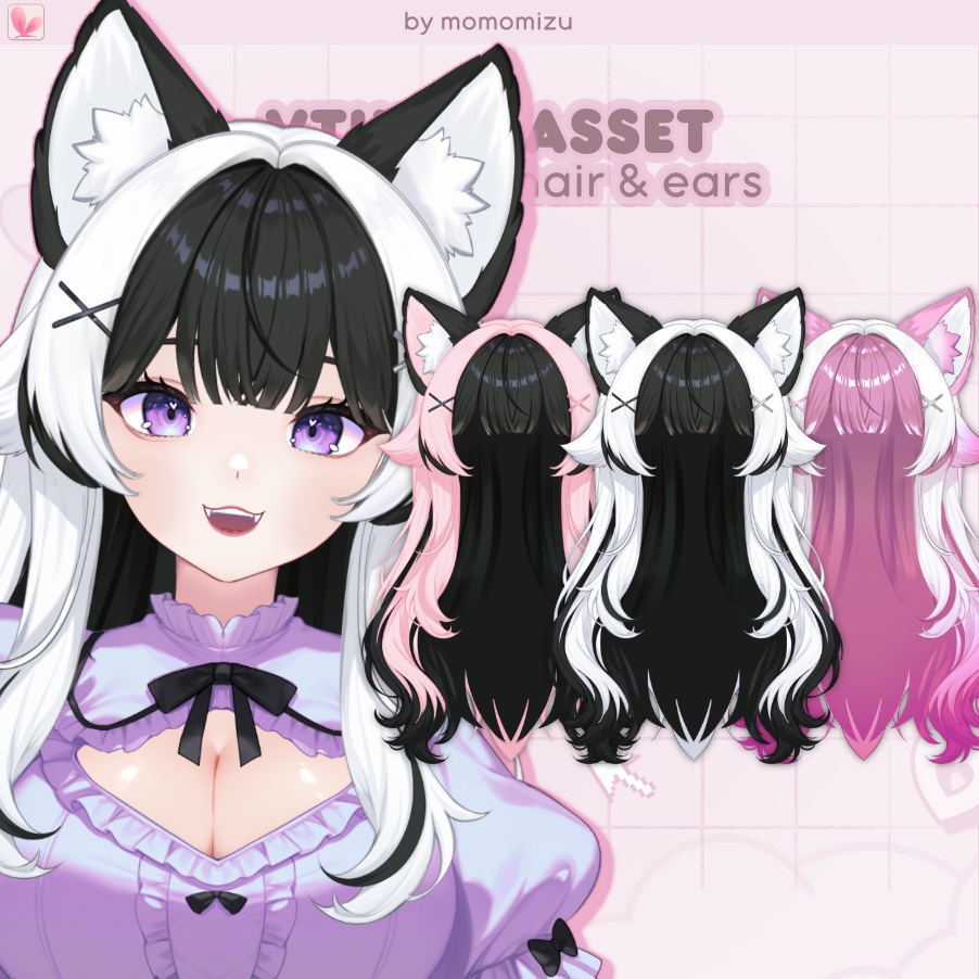 ロングウルフカットヘア+リアクティブ耳 for VTube Studio - 10種類のスタイルバリエーション!| 物理演算リグ+長さ調整可能 | momomizuvt