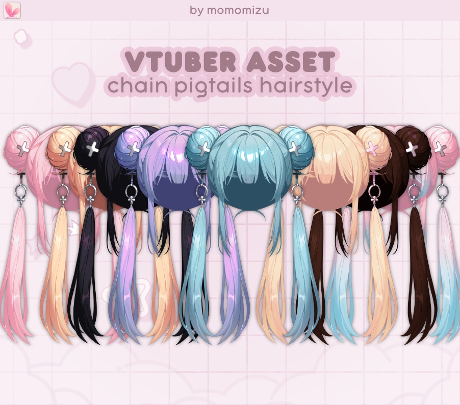 チェーンピグテール和風系リグ済みヘアセット for VTube Studio - 10種類のスタイルバリエーション!| 物理演算リグ+長さ調整可能 | momomizuvt