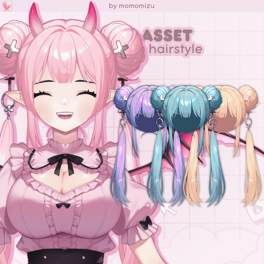 チェーンピグテール和風系リグ済みヘアセット for VTube Studio - 10種類のスタイルバリエーション！| 物理演算リグ+長さ調整可能 | momomizuvt