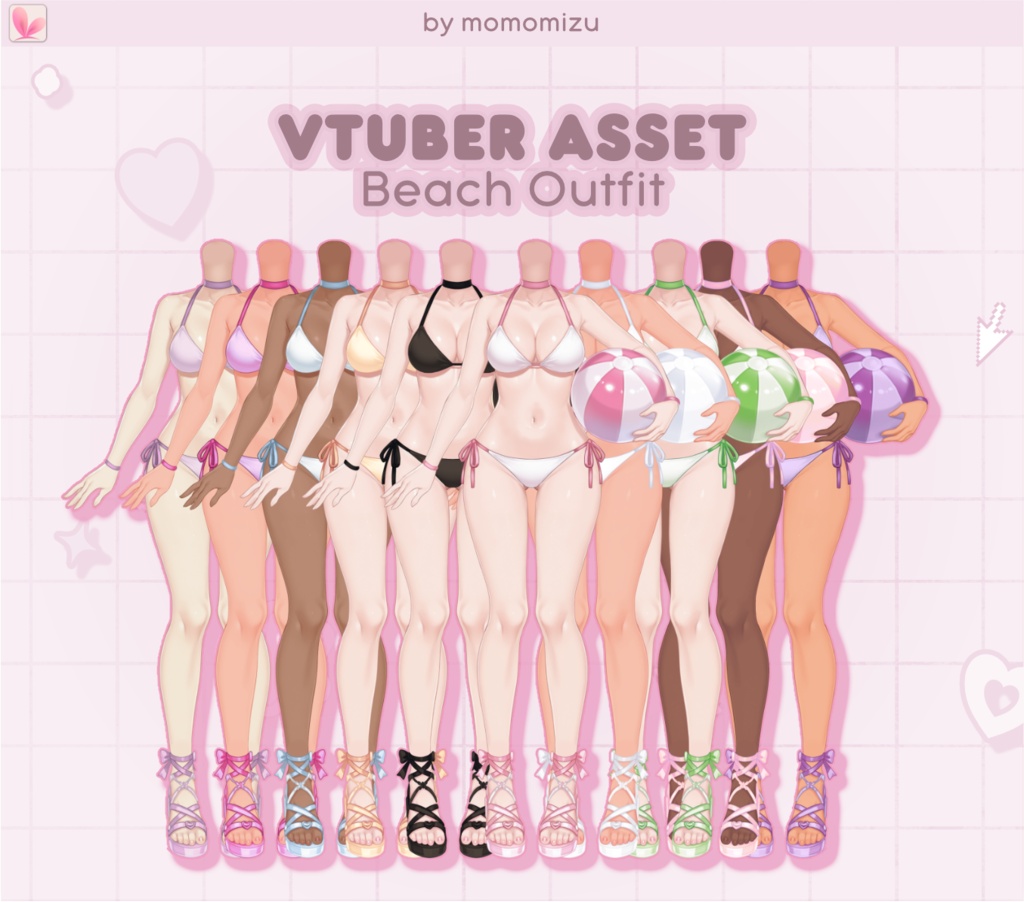 リグ済みビキニビーチ衣装 – VTuberアセット、カスタマイズ可能な肌色