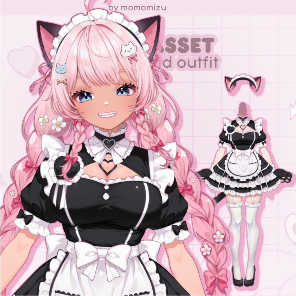 ブラックキャットメイドVtuber衣装 – リグ済みカスタマイズ可能ボディアセット
