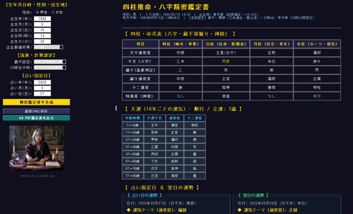 【天体計算エンジン搭載】四柱推命・八字精密鑑定システム(全流派対応 / A4 PDF&画像出力)