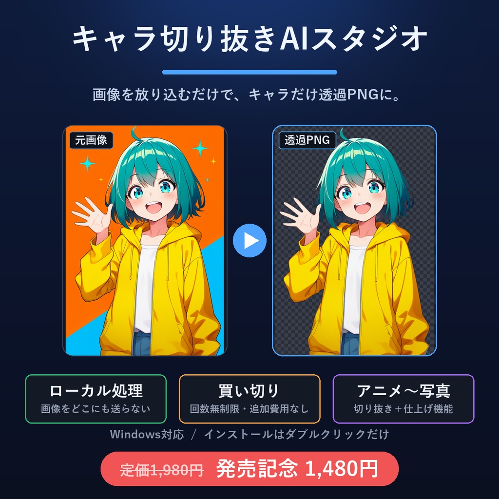 キャラ切り抜きAIスタジオ|画像を放り込むだけで透過PNG【買い切り・ローカル処理】