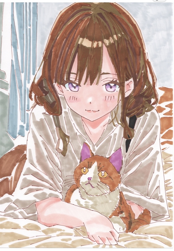 【お値段改訂版】手描きイラスト原画　「わたしとねこ」