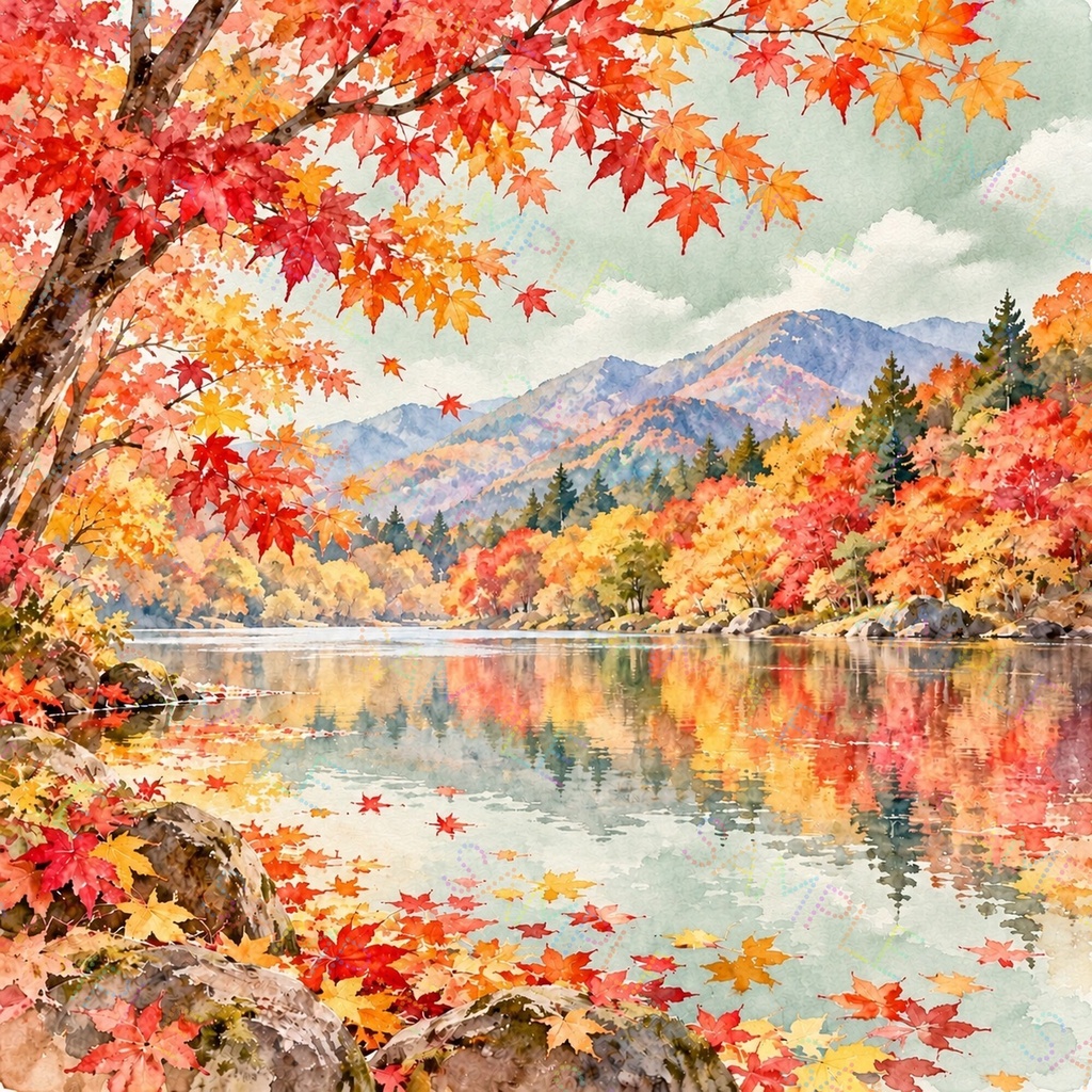 紅葉の秋景色|水彩風デジタルペーパー 3色セット